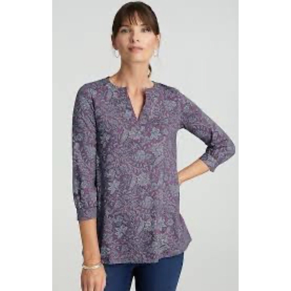 J Jill Pure Jill Split Neck Top M Tall Plum Elegant Floral Organic Cotton
